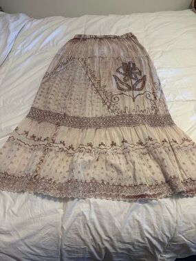 Metro Wear Cream Maxi Skirt with Brown Floral Embroidery